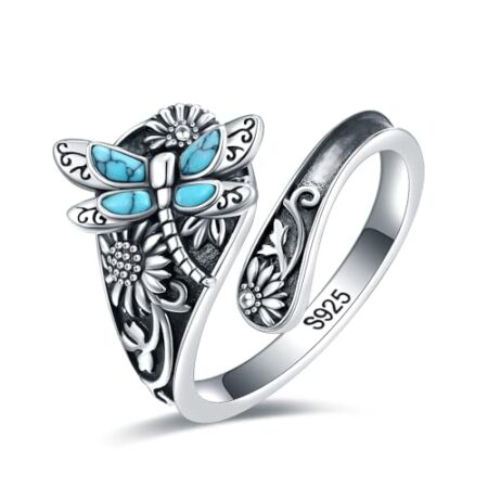 S925-Sterling-Silver Abalone Dragonfly Spoon Ring - Vintage Boho Sunflower Thumb Oxidized Wrap Rings Victorian Style Antique Floral Jewelry Gifts for Women